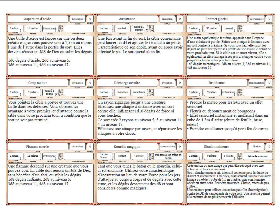 Cartes de sorts de 5e - ENSORCELEUR 0 à 9