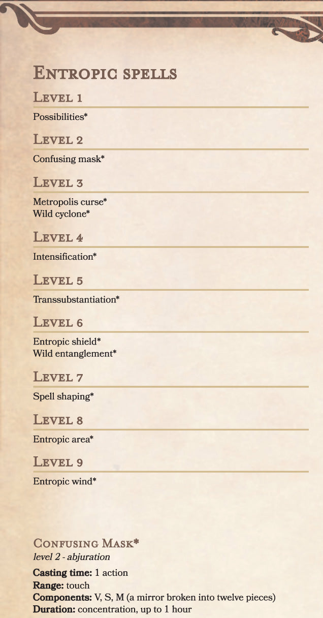 List of entropic spells to complete the spell book of an entropist wizard.